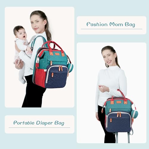 JOYCE Diaper Bag Backpack with Changing Pad, Water-Resistant, Blue-Green | Portable changinag pad, insulated bottle pockets, stroller straps, pacifier case, Multi-Compartment storage - color: Blue-green