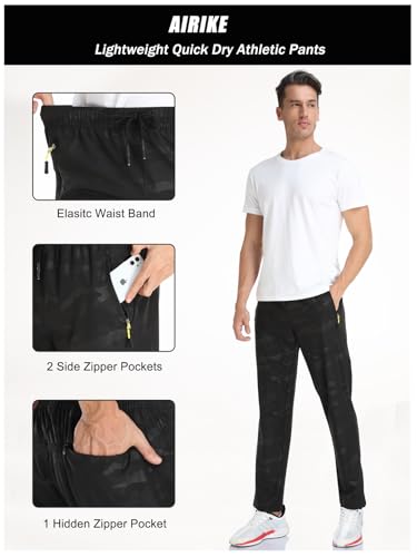 Men's Elastic Waist Hiking Pants Water Resistant Quick-Dry Lightweight Outdoor Sweatpants with Zipper Pockets - color: Camo-black, size: Medium