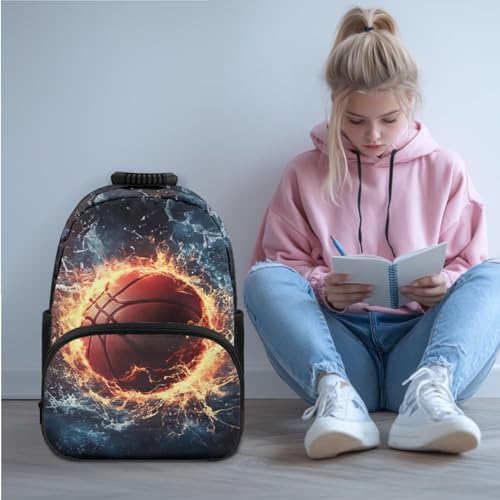 JEOCODY Fire Water Basketball School Bag Boys Backpack with Lunch Bag Water Bottle Pencil Case Pouch Set Large Capacity Girls Bookbag Daypack for Travel Hiking, Set 4 in 1 - color: Fire Water Basketball Patternss