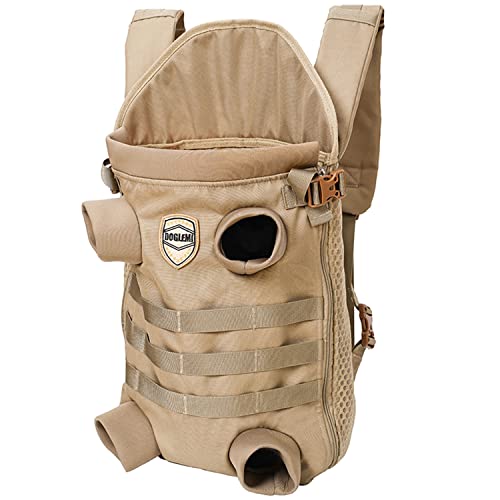 FLAdorepet Dog Carrier Tactical Backpack for Small Medium Dogs,Soft Hands-Free Legs Out Pet Front Cat Dog Carrier Backpack Travel Bag for Outdoor Traveling Hiking Camping (Large, Khaki) - size: Large(Pet 30-45LBS)
