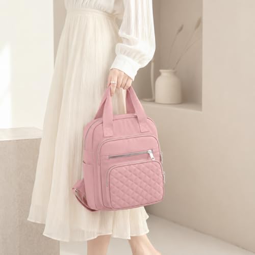 Small Backpack for Women Casual Quilted Square Bag Waterproof Multi Pockets Daypack Lightweight Top Handle Satchel - color: Pink