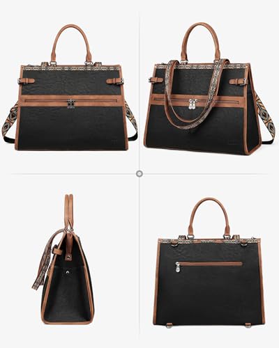 FADEON Laptop Bag for Women Designer PU Leather, 15.6inch - color: Retro Black With Brown