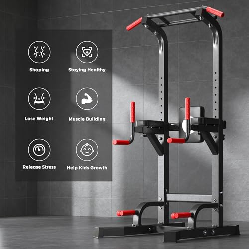 DlandHome Power Tower Pull Up Bar Station, Heavy Duty Pull Up Dip Station Adjustable Height for Home Gym Strength Training Equipment, 330LBS Weight Capacity - color: Black