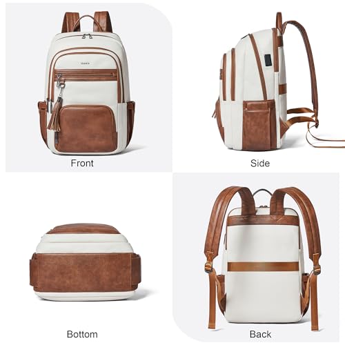 Shrrie 17 Inch Faux Leather Laptop Backpack for Women with Large Cup Holder - color: Beige With Brown