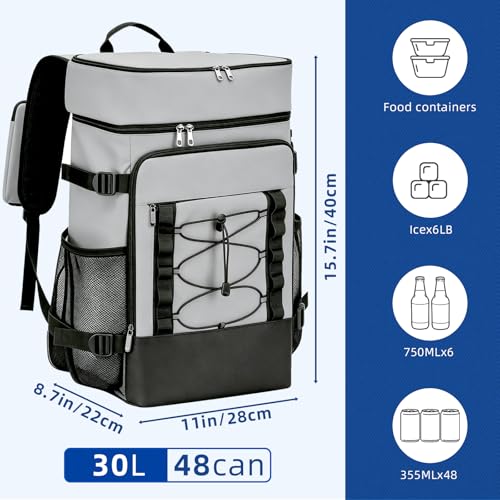 Backpack Cooler Insulated, Leak Proof, 33 Can Capacity, 2 Compartments, Portable Lightweight Thermal Bag for Camping, Beach, Travel, Lunch - color: Grey