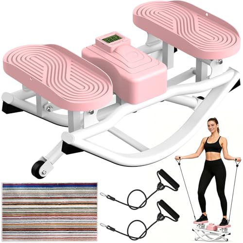 Rock Stepper Side to Side Exercise Machine, Rocking Stepper for Home Gym with LCD Display & Resistance Bands, Low-Impact Step Rocker Workout Equipment Supports 330 lbs - color: Pink