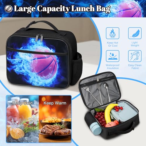 Boys Basketball Backpack with Lunch Box, Kids Backpack Set for School, 17inch Bookbag with Pencil Case Coin Purse Blue - color: Basketball Blue