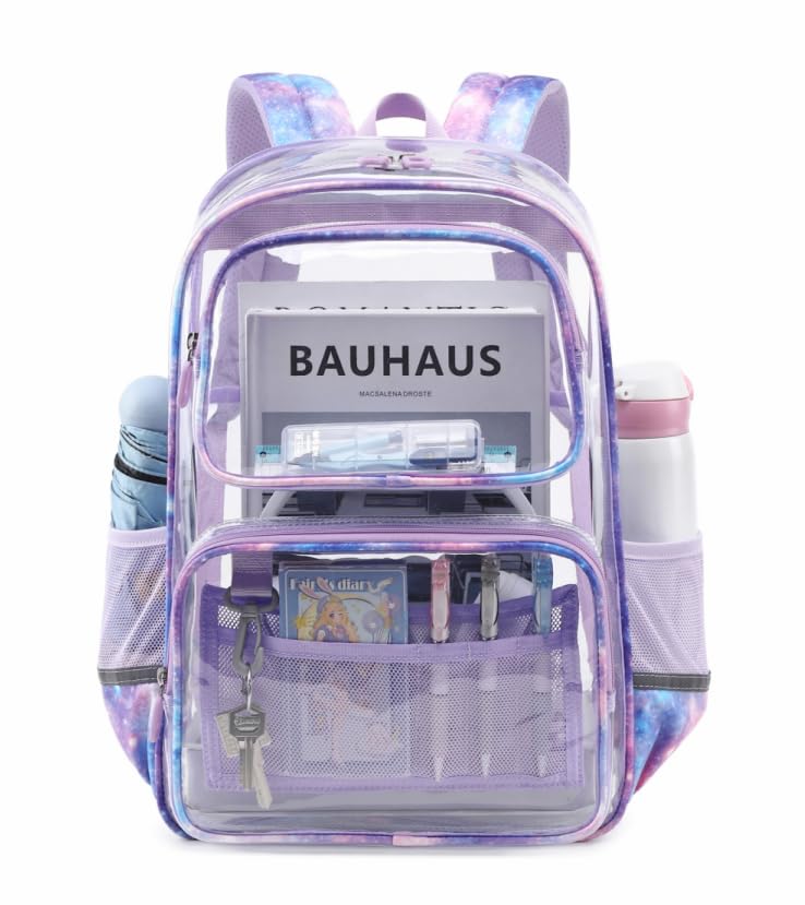 Sisipoet Clear Backpack for Girls with Starry Sky Print, Heavy Duty Transparent Bookbag for School, Stadium, and Concert, Purple - color: Purple/Starry
