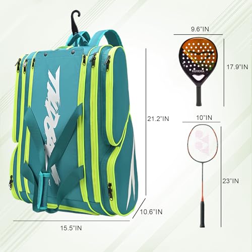 TILDOSAC Pickleball Bag - Large Paddle Bag for 4 Paddles & Accessories - Fence Hook, Extra Pockets, Shoe Compartment - color: Green