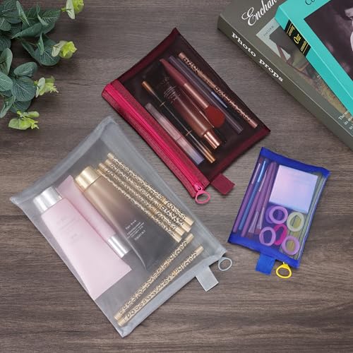 Quotidian Mesh Zipper Pouch Gray Makeup Brush Bags, 9 Count - color: Gray
