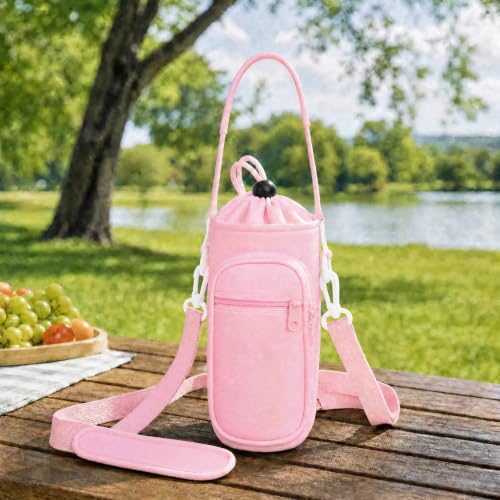 Water Bottle Holder with Strap, Water Bottle Carrier Bag with Phone Pocket, Shoulder Hand Strap Insulated Neoprene 32/40 oz Water Bottle Sleeve for Walking Hiking Camping Gym - color: 4 PINK, size: under 32oz