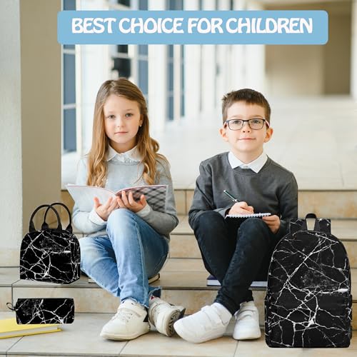 3PCS Marble Backpack Set for Teens Elementary Middle High School, 17 Inch Lightweight Classic Backpack 3 in 1 Set for Girls Boys, Kids Back to School Backpack with Lunch Box Pencil Case - color: Black Marble