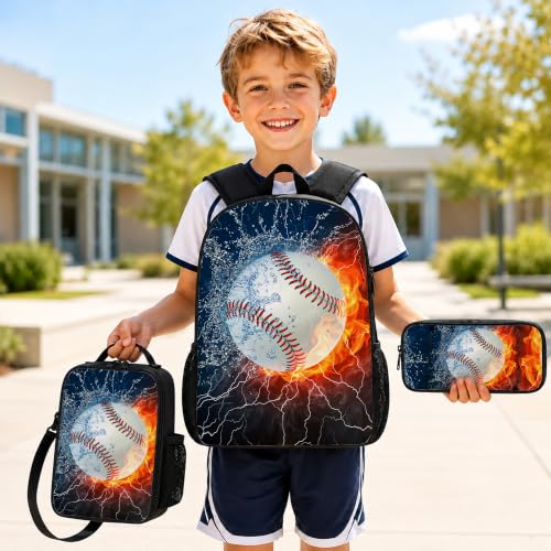 3PCS Baseball Backpacks for Boys Girls Teens, School Backpack with Lunch Box Pencil Case for Elementary Middle High Students, 17 Inch Lightweight Bookpack 3 in 1 Set Back to Shool Supplies for Kids - color: Water Fire Baseball S01