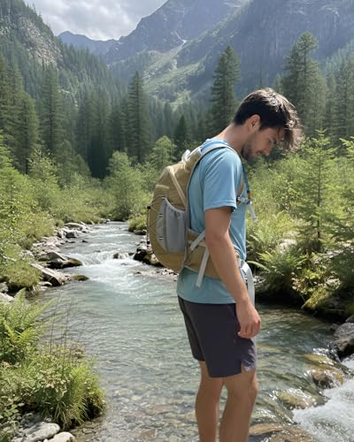 Hydration Backpack with 2L Water Bladder - Lightweight 15L Daypack with Phone-Sized Hip Belt Pockets, Anti-Chafe Cotton Edging & No-Bounce Straps - Small Water Backpack for Hiking, Running, Skiing - color: Khaki