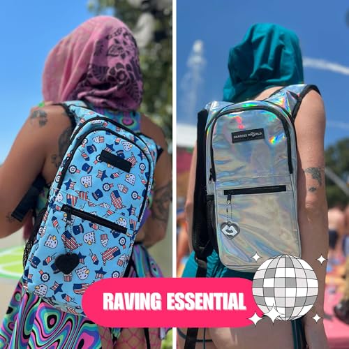 Kandies World Reflective Festival Hydration Pack - 2L Hydropack for Raves, Hiking, Biking, Running, and More (with Anti-Theft Pocket) - style: Skull Alien
