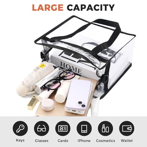 BAGAIL Clear Bags 12x6x12 Stadium Approved Clear Tote Bag with Zipper Closure Crossbody Shoulder Bag with Adjustable Strap - color: Black