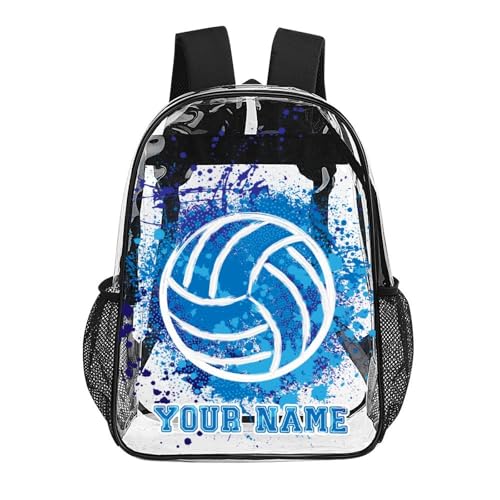 Custom Volleyball Clear Backpack Heavy Duty for Girls Kids Boys | Large Cool PVC Volleyball Theme Printing Transparent Backpacks for Schools Stadium Concerts Work - Clear/Black - color: Volleyball Clear Backpack 2 Black Custom