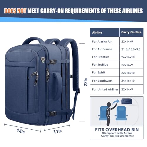 Travel Backpack, 55L Expandable Extra Large Big Carry On Backpack For Men - color: Blue, size: 18.4 inch (22"x14"x10")