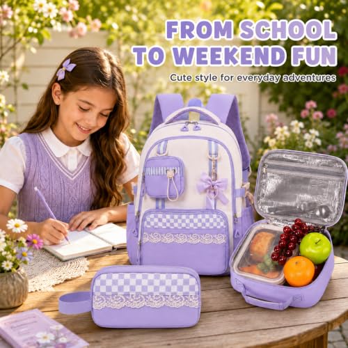 Bluboon Backpack for School Teen Girls Bookbags with Lunch Bag & Pencil Case Aesthetic Water Resistant School Bags for Kids - color: Purple Gingham