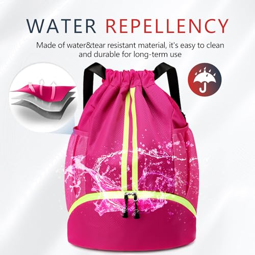 PinCute Drawstring Backpack for Women Men, Gym Bag for Soccer, Basketball, Swim, Beach, Water-Resistant Sports Backpack with Wet Pocket and Shoe Compartment, Rose - color: Rose