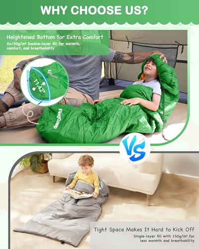 KingCamp 45°F Kids Sleeping Bag, Lightweight Waterproof & Compact Flannel Sleeping Bags Cold Weather & Warm Youth Essentials Gear Accessories for Camping, Fits 10-12 Children up to 4'7"-5'5" Tall - color: Mummy 8.6°F ~42.8°F Green