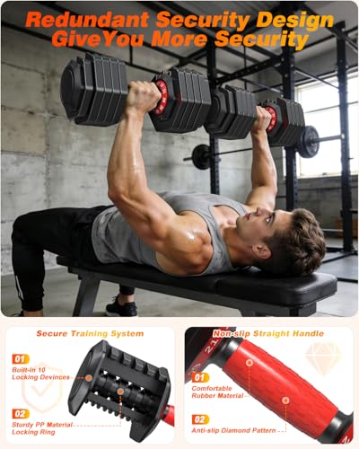 XDDIAS Adjustable Dumbbells Set of 2 for Strength Training, One-Hand Quick Adjust, 25/55/80/90 lbs Options, Anti-Slip Grip Handle, Compact Home Gym Weights for Men Women - color: Plus 10-Level 90LB Pair