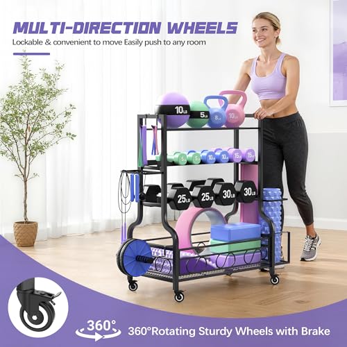 PARTPHONER Dumbbell Weight Rack, Home Gym Storage for Kettlebells Yoga Mat and Balls, All in One Workout Storage with Wheels and Hooks, Powder Coated Finish Steel - size: 39"(L)x15.8"(W)x39.8"(H)