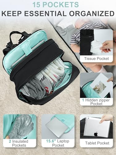 MOMINSIDE Diaper Bag Backpack - Extra Large Puffer Diaper Bag - Neoprene Diaper Bag Quilted Baby Bag for 2 Kids Boys Girls, Large Changing Pad, 15 Pockets, Black - color: Black