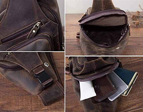 Le'aokuu Men Fashion Casual Tea Designer Travel Hiking Crossbody Chest Sling Bag Rig One Shoulder Strap Bag Men Leather 8015 | Fashion - color: Brown