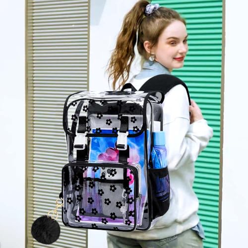 3Pcs Clear Backpack for Girls, School Kids Transparent Bookbag Set, 17" Stadium Approved See Through Backpack with Lunch Box (Black) - color: Plum Blossom Black