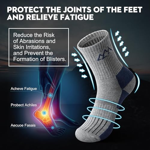 innotree Men's Merino Wool Hiking Socks 3 Pairs, Moisture Wicking Cushioned Breathable Crew Socks for Hiking Walking Trekking - color: Grey-brown,grey-white,black-red, size: Large