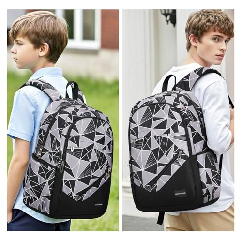 Boys' Large School Backpack, for 8-16 Years Old, Elementary - High School (Geometric black and gray, Large:19.5×7.2×13.25 inch) - color: Geometric Black and Gray