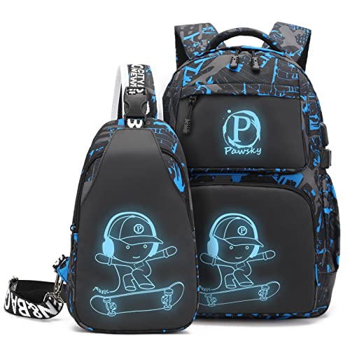School Backpack for Boys, Elementary School Bag College Bookbag Lightweight Laptop Bag with Sling Bag Set, Kids Skateboard Backpack Casual Daypack, Blue - style: Skateboard-blue3
