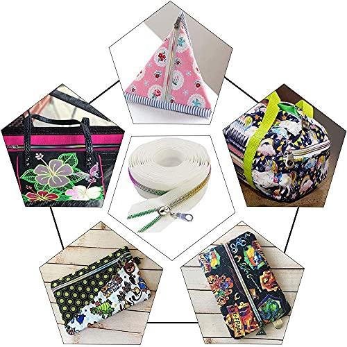 MebuZip #5 Colorful Metallic Nylon Coil Zippers by The Yard Bulk Coil Zipper Roll 10 Yards with 25pcs Pulls for DIY Sewing Craft Bags (White) - color: Colorful White