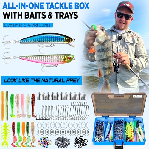 PLUSINNO Fishing Gear,Full Fishing Pole kit Include Fishing Rod and Reel Combo, Tackle Box with Fishing Lures, Fishing Accessories, Fishing Pliers,Fishing Gifts for Men with Fishing Tool Kit - style: Blue Fishing Combo With Bank Fishing Rod Holder