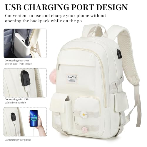 YAMTION School Backpack for Teen Girls,15.6in Laptop Backpack Kids Bookbag for Middle School College Students,Cute School Bag for Women (Beige, Fits 15.6in PC) - color: Beige
