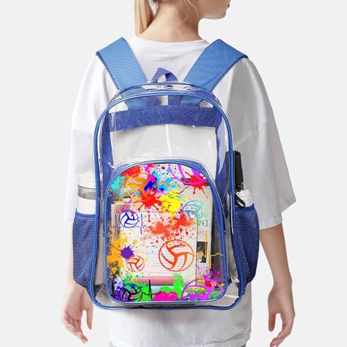 Volleyball Clear Backpack Heavy Duty for Girls Kids Boys Women | Large Cool PVC Volleyball Theme Printing Transparent Backpacks for Schools Stadium Concerts Work - Clear/Blue - color: Volleyball Clear Backpack 1 Blue With Front Pocket