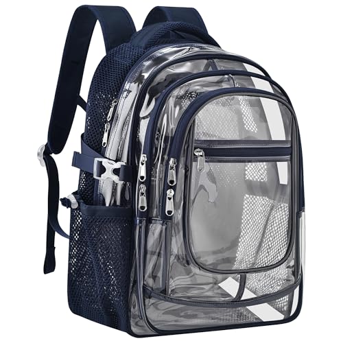 Clear Backpack Heavy Duty Transparent Backpack for School Large Net Bookbag - color: Navy Blue