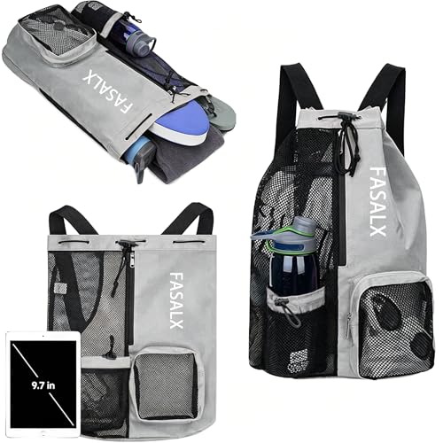 3-in-1 Swim Beach Gym Gear Set.Mesh Drawstring Backpack + Microfiber Beach Towel + Waterproof Phone Pouch, for Swimming, Gym - color: Grey
