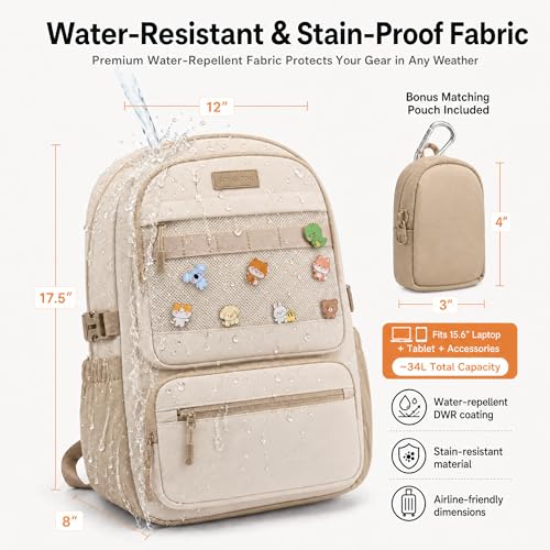 LOVEVOOK Laptop Backpack with Locking Cup Holder & Anti-Slip Strap, 15.6" Waterproof Travel Daypack Trolley Sleeve, Work College Commute Bag with Keychain Zip Pouch - color: Beige - Been Green, size: 15.6 Inch