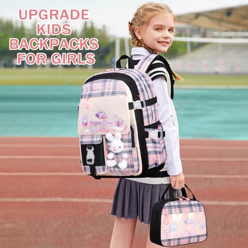 FIXITOK Girls Backpack Set, 3PCS Kids Backpacks for Girl, Kawaii Bunny School Backpack for Girls Kindergarten Elementary Preschool Middle School Bags with Lunch Box Pencil Case Blackpink-Plaid - color: Blackpink-plaid