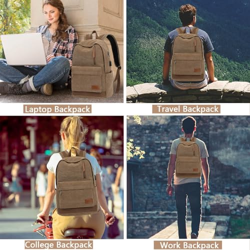 Canvas Laptop Backpack, Waterproof School Backpack With USB Charging College - color: Coffee