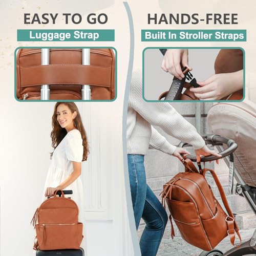 MOMINSIDE Diaper Bag Backpack with 6 Insulated Pockets, Leather Diaper Bag, Large Baby Bag for Mom, Baby Registry, 18 Pockets, Changing Pad, Stroller Straps (Brown) - color: Brown