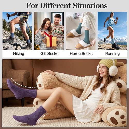 MOGGEI 5 Pairs Womens Merino Wool Socks Hiking Warm Winter Thick Thermal Crew Cozy Cabin Ladies Gift Comfy Boot Work Socks - color: Purple/Blue/Red/Green