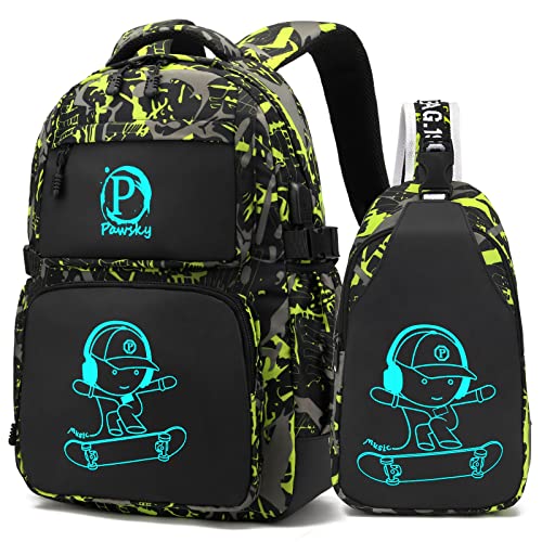 Kids Backpack for School, Boys Backpacks with USB Charging Port, College Elementary School Bookbag Lightweight Laptop Bag with Sling Bag, Green - style: Skateboard-green