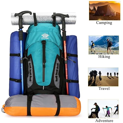 YFREAL 60L Travel Hiking Camping Backpack with Rain Cover,Backpack Water Resistant,Climbing Backpack for Men Women (LIGHT BLUE) - color: Light Blue