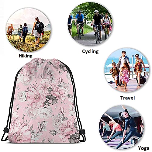 Pink Floral Print Polyester Drawstring Backpack, Unisex, 14x16.9 Inch, Modern Style, Soft Shell, Rectangular Shape, Shoulder Strap, Waterproof, Perfect for Travel, Work, School, Gym - color: Multi-a94
