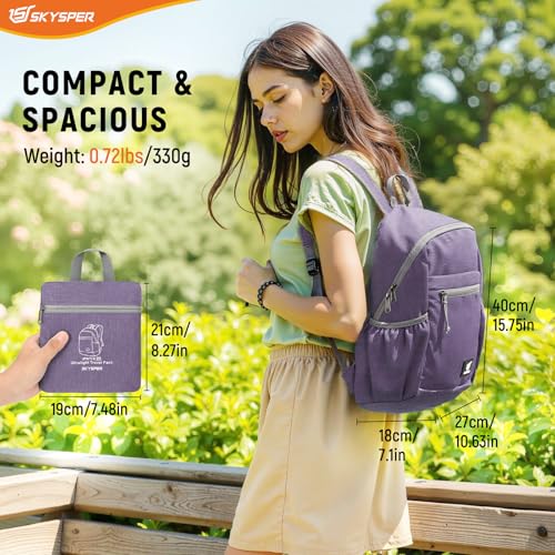 SKYSPER Anti Theft Hiking Backpack, 20L RFID Packable Travel Daypack, Lightweight Foldable Back Pack for Walking Daytrip - color: Purple