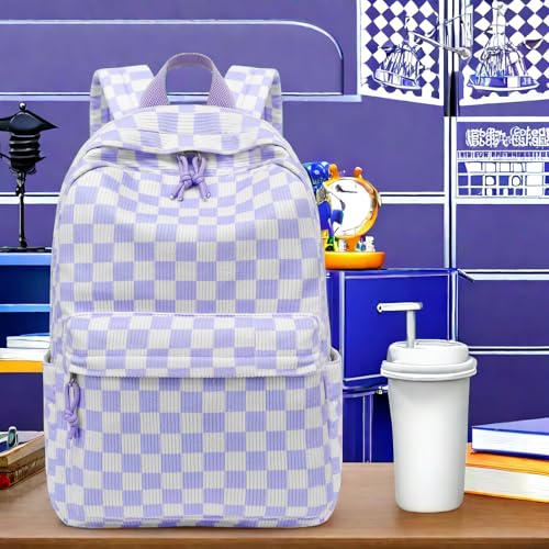 LEDAOU School Backpack for Teen Girls Elementary Middle School Bookbag Kids Backpacks Women Laptop Backpack Travel Daypack - color: Purple Checkered