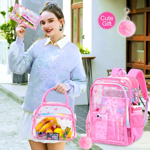 gxtvo 3PCS Girls Clear Backpack Heavy-Duty Set for Women & Teen, 17" Rose Pink Transparent Bookbag with Rainbow Strap, Cute Differentiation Love See Through School Bag - color: Rose Pink Love Clear Backpack Set